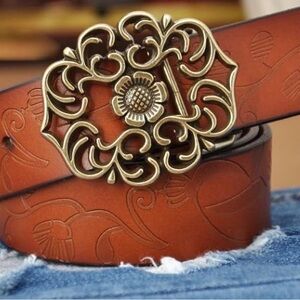 Women's Embossed Brown Leather Belt with Ornate Floral Buckle - Classic Style